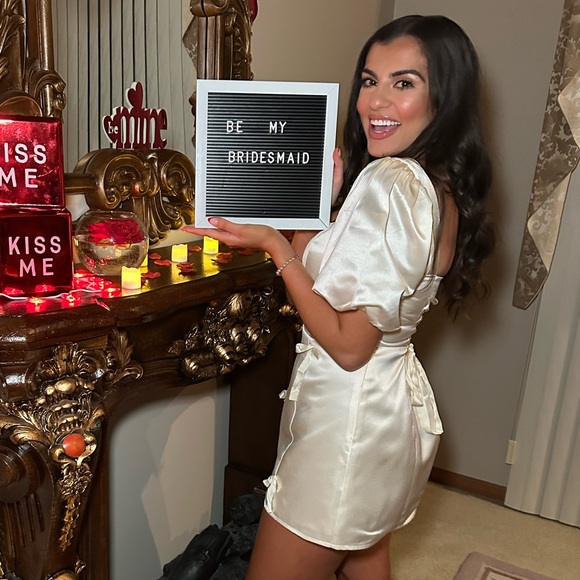 LULUS Lovely Simplicity Champagne Satin Puff Sleeve Bow Mini Dress - Picture 3 of 5